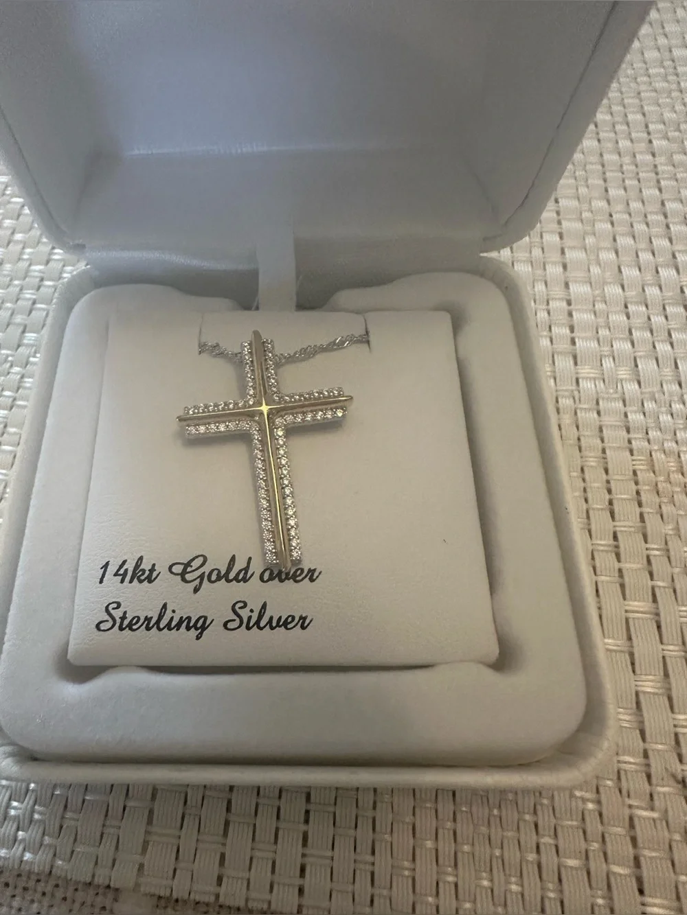 Ladies two toned cross pendant with cubic zirconias 18”new in box